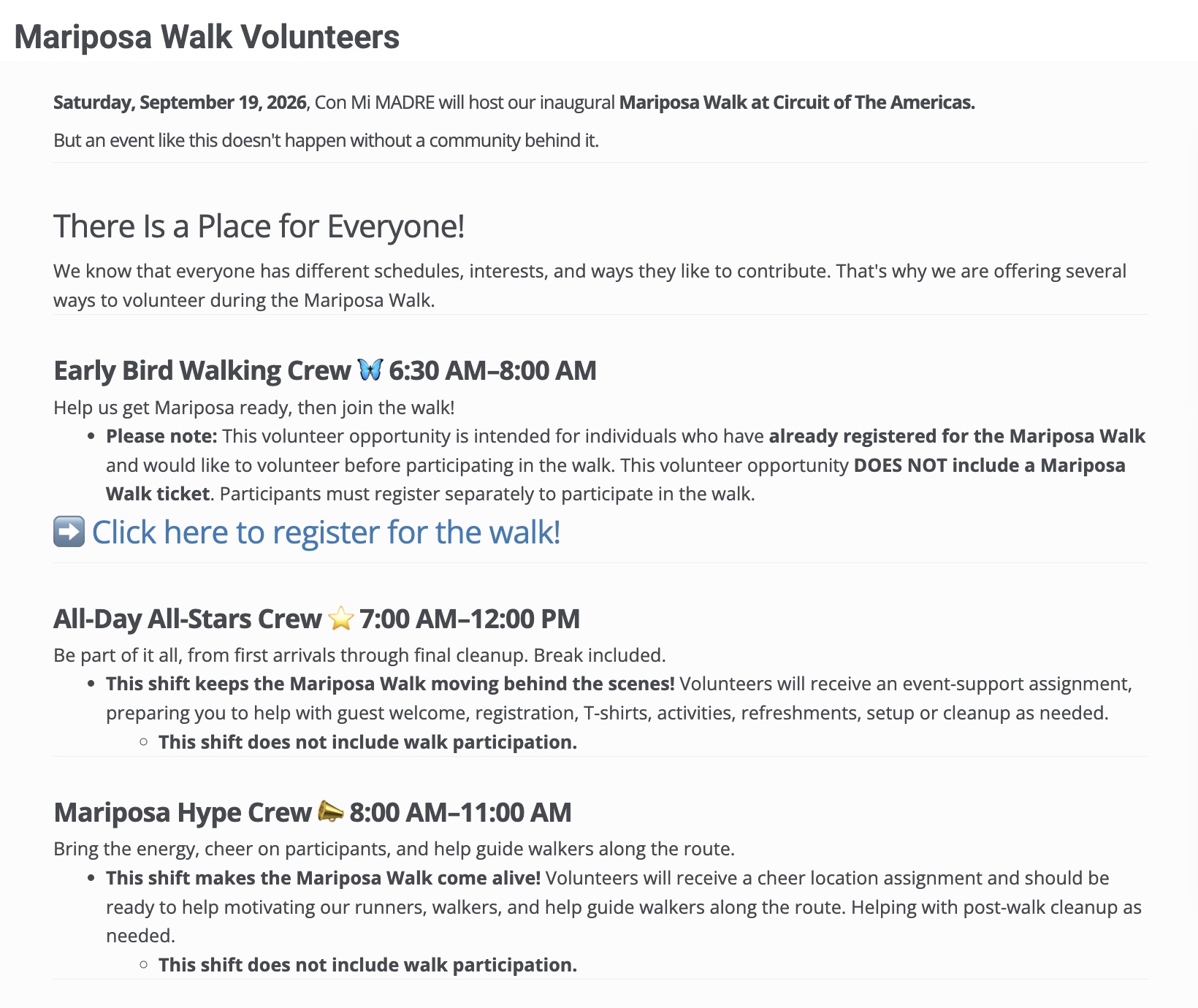 Mariposa Walk volunteer crew sign-up page